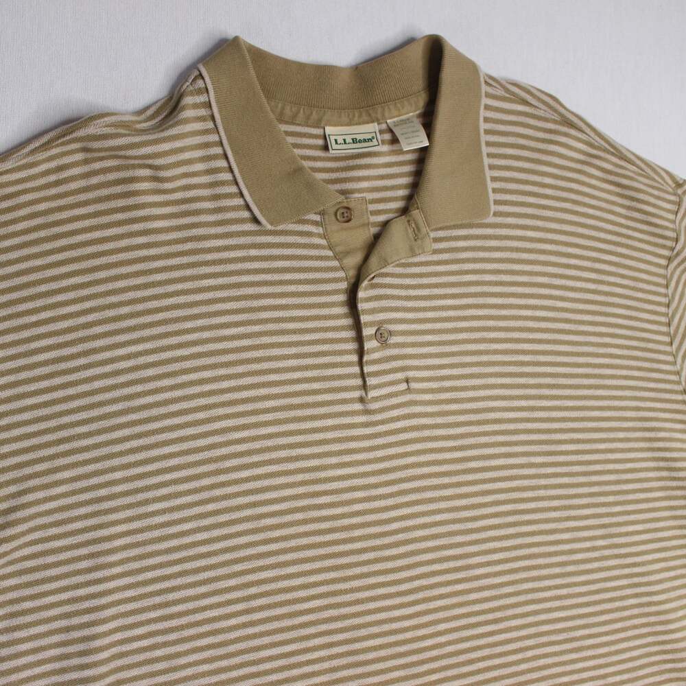 VTG LL Bean 100% Cotton Beige Brown Striped Polo Shirt Men’s X Large Regular